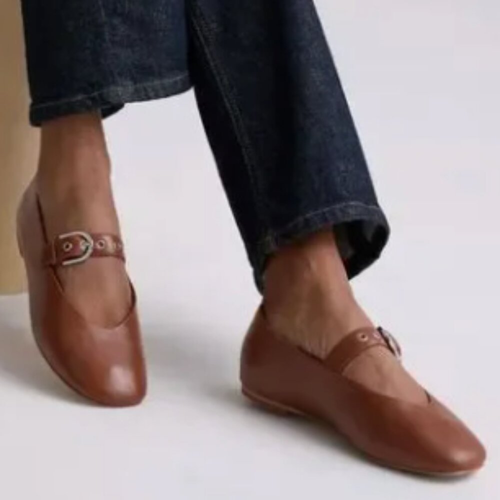 Quince Women Italian Leather Mary-Jane Flat Cognac Shoes sz 7